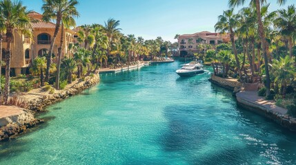 Obraz premium Serene Tropical Waterway Surrounded by Lush Palm Trees and Homes