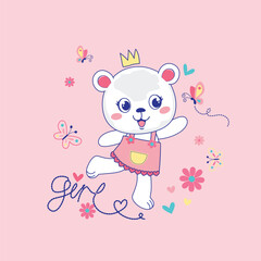Cute bear girl dancing joyfully with colorful costume and playful expression in a lively dance pose
