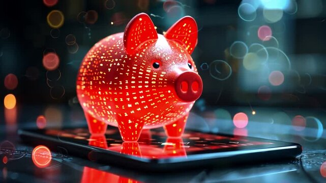 Digital innovation in finance showing a virtual piggy bank on a smartphone with a futuristic design
