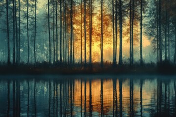 A tranquil forest at twilight where the trees are made of glass and the leaves reflect the soft light of the setting sun