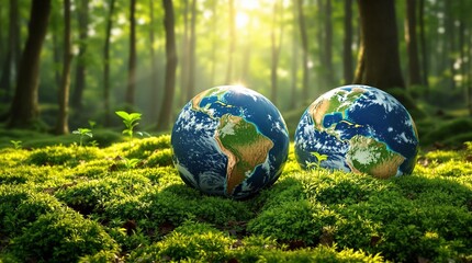 globe resting on moss in a peaceful forest showcasing environmental conservation
