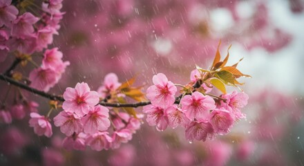 Naklejka premium Cherry blossoms in rainy springtime bloom with soft pink petals and green leaves