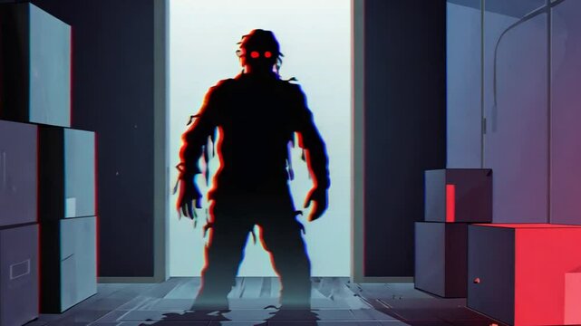 total darkness faint red flickering lights. Suddenly, a red-eyed zombie appears in a stuttering, glitching effect, jumping closer screen distorts. A final static burst jump scare finishes the scene