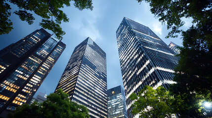 Fototapeta premium City skyscrapers at dusk, viewed from below, surrounded by trees