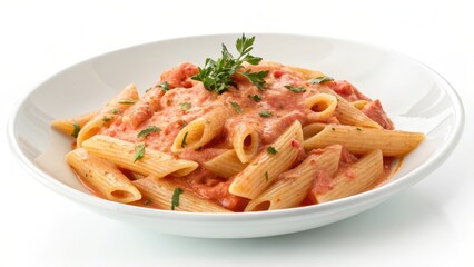 Aromatic Penne Pasta in Creamy Tomato Sauce, Garnished with Fresh Herbs, Served on a White Plate