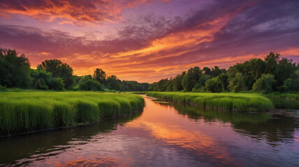 Obraz premium Peaceful Sunset on a Serene River with a Rowboat, ai generated