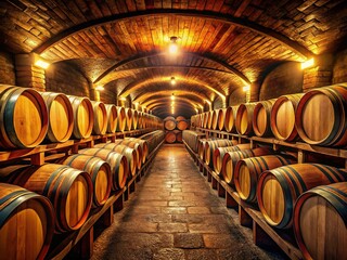 Elegant wine cellar food photography showcasing wooden barrels.