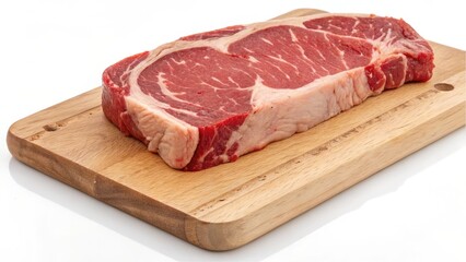 A single raw ribeye steak rests on a light brown wooden cutting board against a bright white background