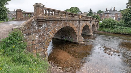 Fototapeta premium Stone bridge over river, village houses background, scenic travel