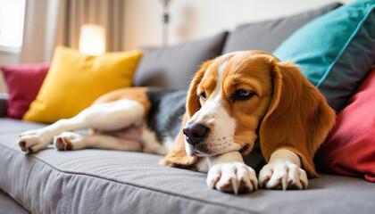 Obraz premium Beagle dog relaxing on couch with colorful pillows