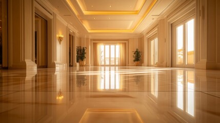 Sunlit Grand Hallway with Polished Marble Floor and High Ceilings