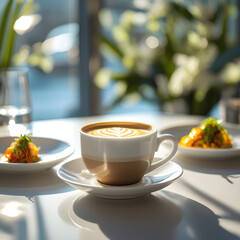 cup of coffee and cake on table