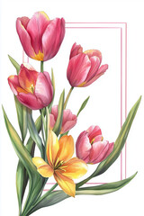 Naklejka premium Watercolor Tulips Illustration. Watercolor illustration of pink and yellow tulips. Ideal for spring designs, greeting cards, or home decor.