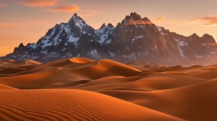 Naklejka premium stunning sand dunes at sunset with rugged mountain backdrop