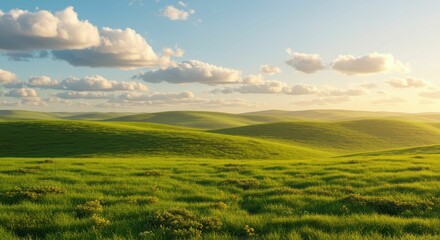 Fototapeta premium Sunny green hills with blue sky and fluffy clouds