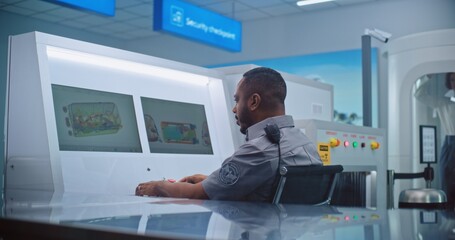 African American Security Officer Controls Luggage Screening on Computer Monitors Using Modern...