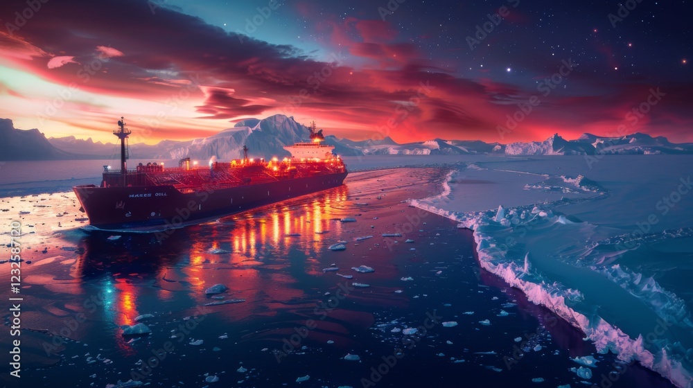 Poster an icebreaker ship moves through icy waters, leaving a trail behind as the sky transforms with vibra