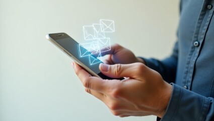 man's hand holding smartphone and check email online on the application web have envelope icons floating on the mobile screen. notification newsletter, received or sending email marketing concept
