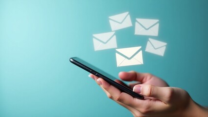 man's hand holding smartphone and check email online on the application web have envelope icons floating on the mobile screen. notification newsletter, received or sending email marketing concept