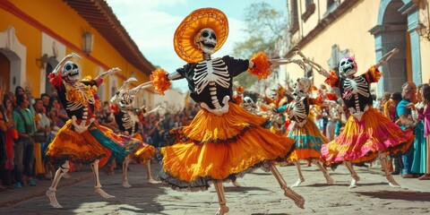 Skeleton dancers parade, Day of the Dead, Mexico, vibrant costumes