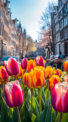 Fototapeta premium Vibrant Tulips with Traditional Amsterdam Canal Houses Background