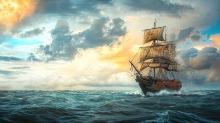 Obraz premium A historic endurance ship sailing across the open ocean, embodying the toughness required for long oceanic journeys.