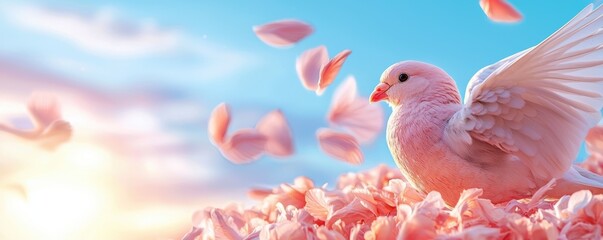 A pink dove surrounded by flower petals.