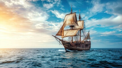 Obraz premium A historic endurance ship sailing across the open ocean, embodying the toughness required for long oceanic journeys.