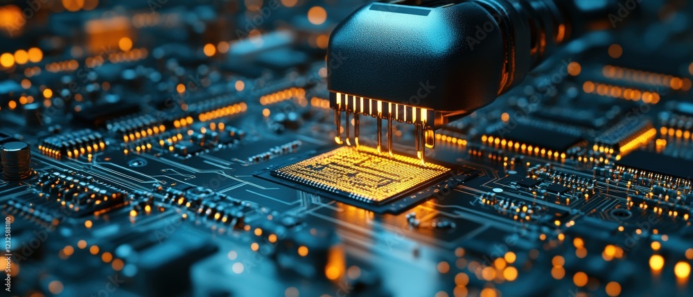 Poster close up image of a computer chip with circuit design and electronic components for technology conce