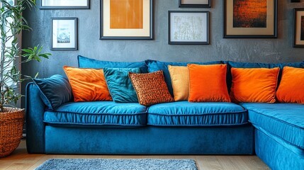 A blue couch with orange and teal throw pillows.