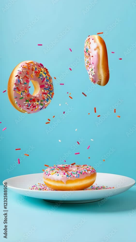 Poster three delicious pink icing donuts with colorful sprinkles levitating over a white plate on a vibrant