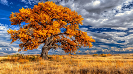 Golden autumn tree in field, dramatic sky