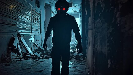 Dark walking zombie with red eyes entered room. Abandoned house 2D animation with glitch effect