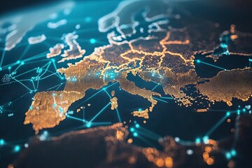 Naklejka premium A dynamic digital world map highlights continental Western Europe to connect to the global network powered by artificial intelligence. Network information exchange and telecommunications.