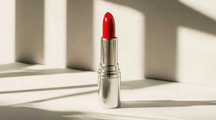 A bright red lipstick standing upright against a crisp white surface