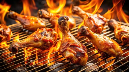 Chicken legs and wings on grill with flames, roasted, charred,  roasted, charred, flame, patio, grill master, backyard