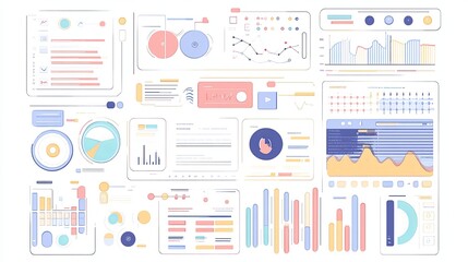 A flat lay of app development workflows, including wireframes and color-coded charts. digital