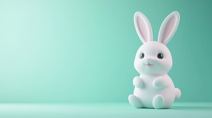 Obraz premium Cute cartoon bunny sits on mint background. Easter card design