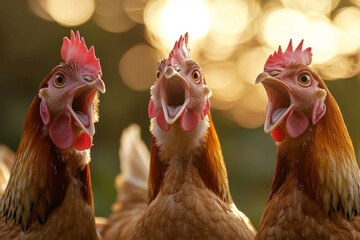 Fototapeta premium Three chickens with open beaks in golden sunlight