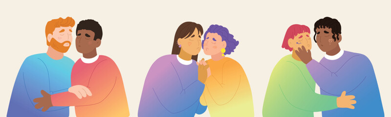 Colorful Valentine's Day gender-diverse cute couples. Hand drawn LGBTQ concept in modern flat vector illustration style.