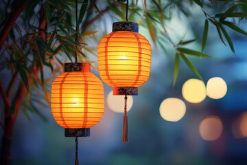 Obraz premium Traditional Chinese lanterns glowing among bamboo at night
