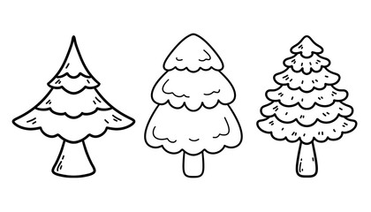 Set of hand drawn trees, line drawings of trees, fir trees, cortour illustrations, coloring pages, logo, tattoo, cards, nature, elements
