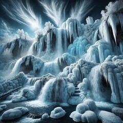 Frozen Waterfall Dynamic whites and blues showing cascading ice