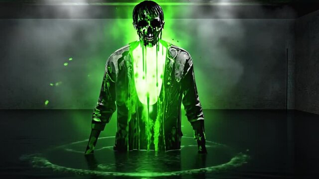 A zombie with a cracked radioactive green glow, melting skin, and eerie toxic smoke effects