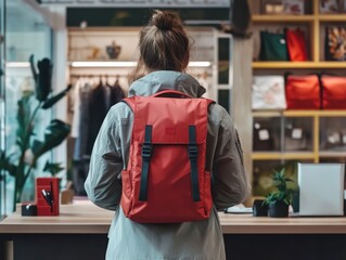 Obraz premium Woman carrying red backpack with black straps