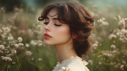 Obraz premium A woman with fair skin and brown hair stands amidst pink flowers.