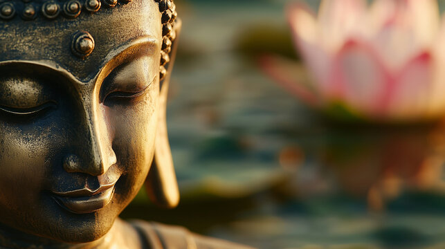 A close-up of Buddha's ear, elongated and symbolic of his renunciation of materialism, with a lotus flower in the background