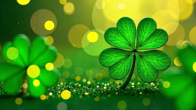 Saint Patrick's Day background with A green clover with four leaves is surrounded by a green background. The image has a bright and cheerful mood, with the green color of the clover and the background