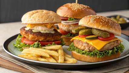 Three Gourmet Burgers with French Fries on a Plate