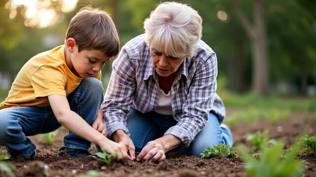 Grandmother and Grandson Planting Saplings Together in a Garden